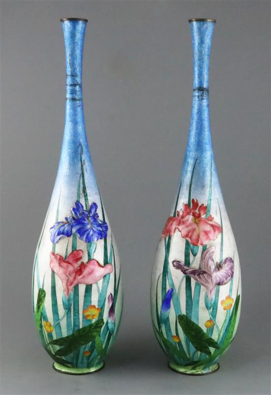 A pair of large Japanese ginbari cloisonne enamel bottle vases, c.1910, vases H.61.5cm, some cracks to enamel